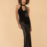 Black Velvet Halter Maxi Dress with Side Slit – Elegant Evening Gown
