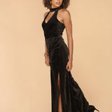 Black Velvet Halter Maxi Dress with Side Slit – Elegant Evening Gown