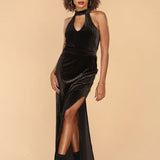Black Velvet Halter Maxi Dress with Side Slit – Elegant Evening Gown