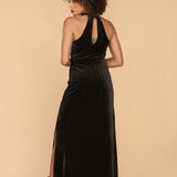Black Velvet Halter Maxi Dress with Side Slit – Elegant Evening Gown