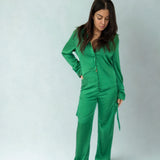 3 Piece Satin Cargo Button Down Pant Set - Emerald