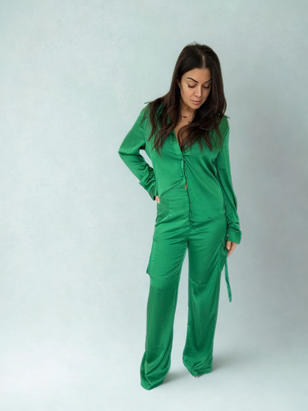 3 Piece Satin Cargo Button Down Pant Set - Emerald