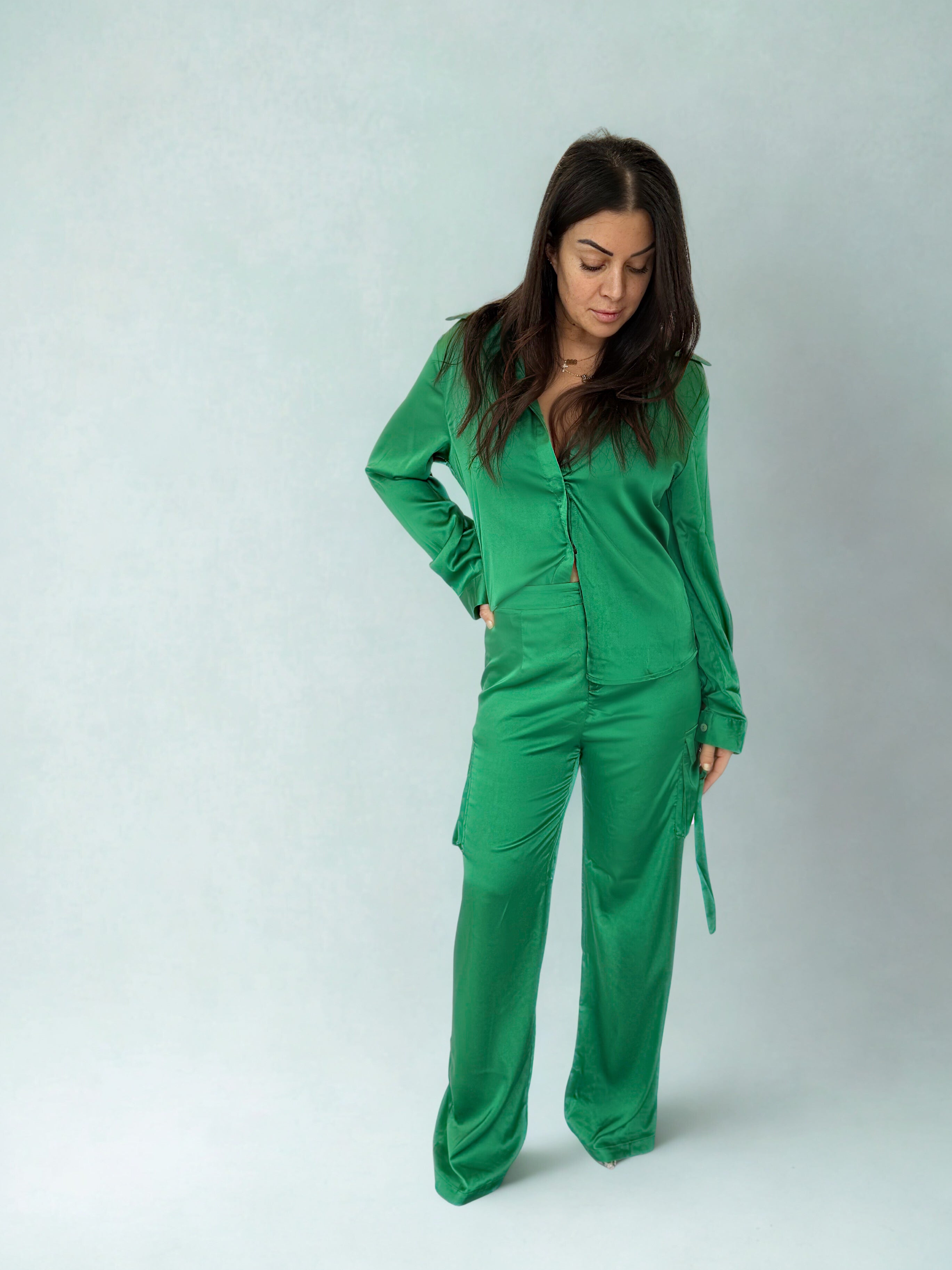 3 Piece Satin Cargo Button Down Pant Set - Emerald
