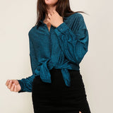 Holiday Shimmer Button Down Blouse - Black and Teal