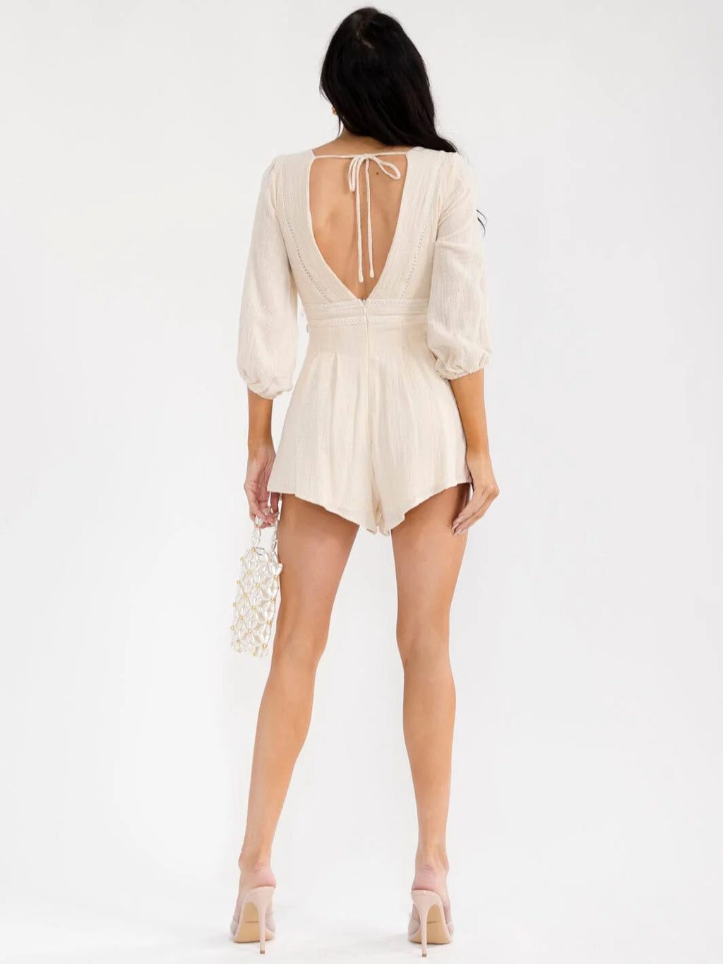 Seashell Embellished V-Neck Linen Romper