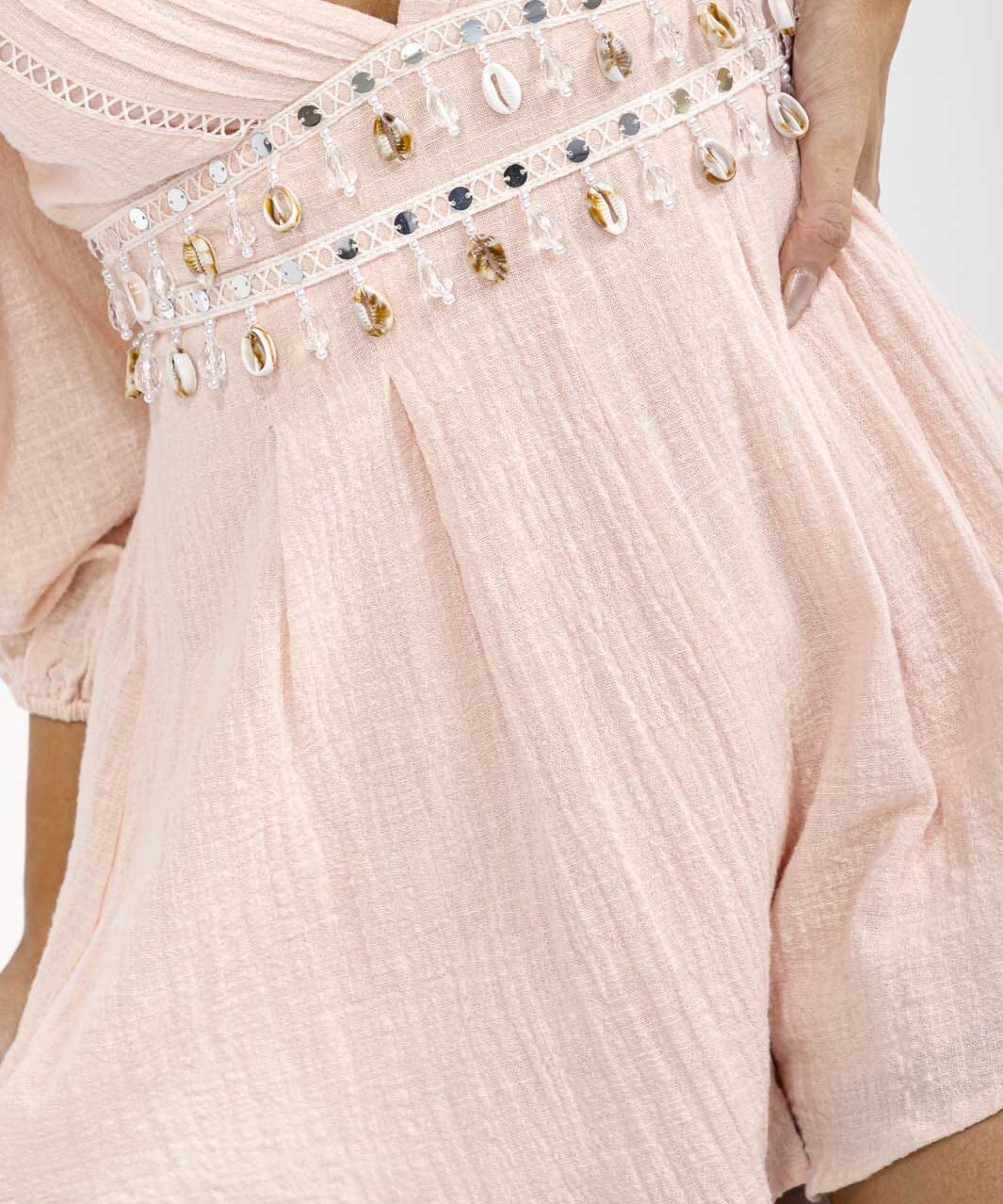 Seashell Embellished V-Neck Linen Romper