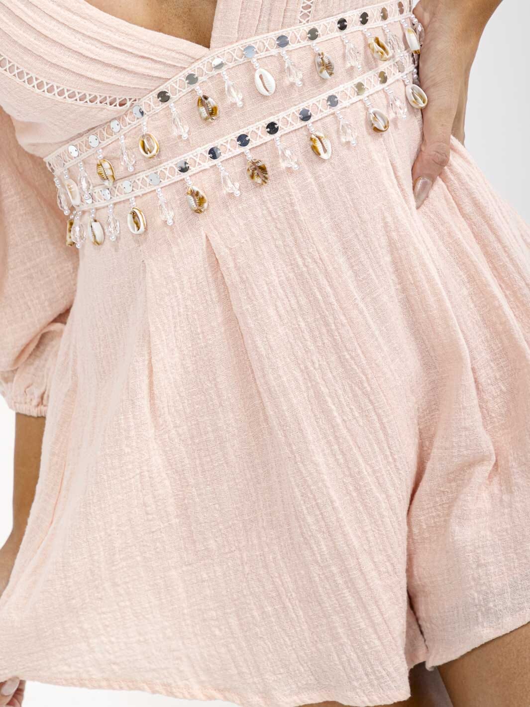 Seashell Embellished V-Neck Linen Romper