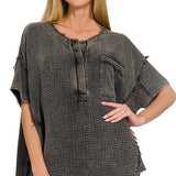 Gauze 3/4 Button Henley Top by Zenana