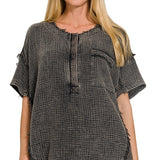 Gauze 3/4 Button Henley Top by Zenana