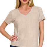 Ribbed V-Neck Top by Zenana