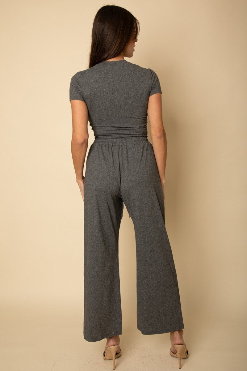 Relaxed Fit Top and Wide Leg Pant Set - Heather Grey