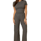 Relaxed Fit Top and Wide Leg Pant Set - Heather Grey