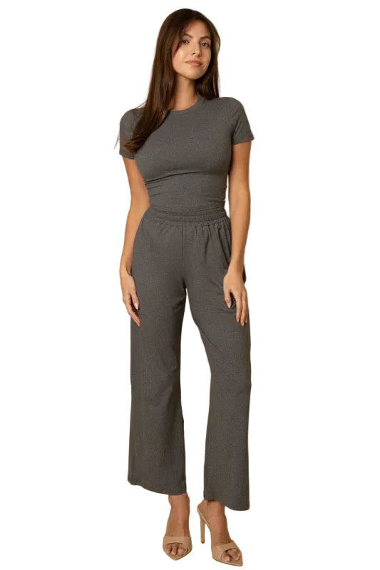 Relaxed Fit Top and Wide Leg Pant Set - Heather Grey