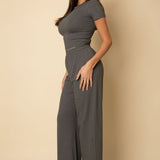 Relaxed Fit Top and Wide Leg Pant Set - Heather Grey