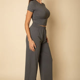 Relaxed Fit Top and Wide Leg Pant Set - Heather Grey