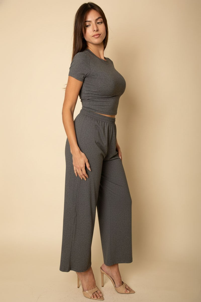 Relaxed Fit Top and Wide Leg Pant Set - Heather Grey