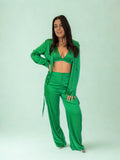 3 Piece Satin Cargo Button Down Pant Set - Emerald