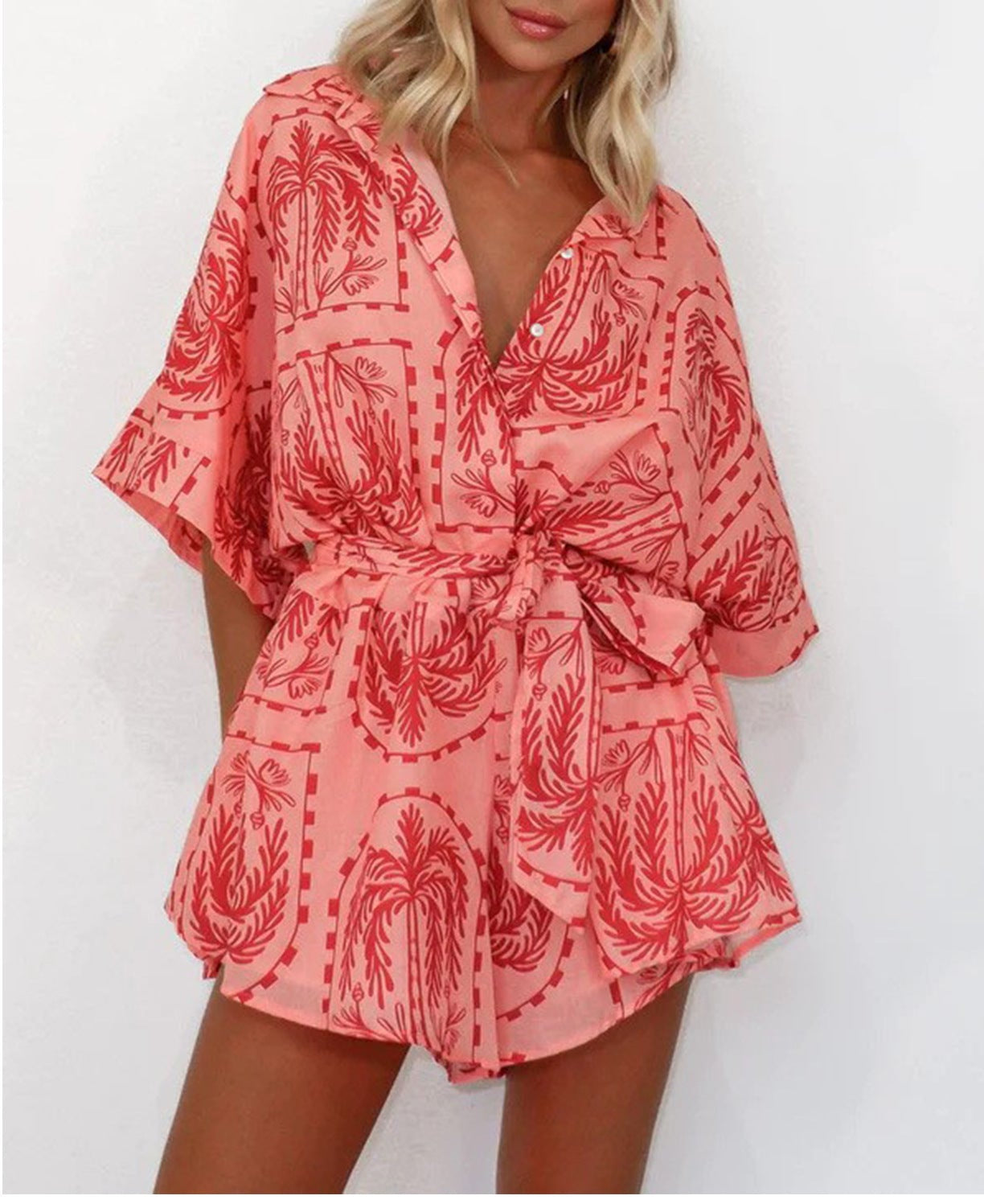 Geometric Print Lace-Up Romper - Waist-Cinching Jumpsuit Coverup