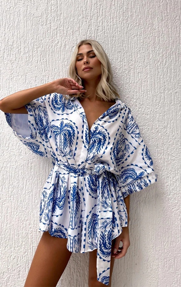 Geometric Print Lace-Up Romper - Waist-Cinching Jumpsuit Coverup