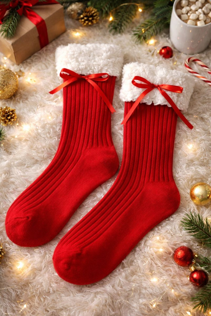 Red Bow Fuzzy Bootie Sock