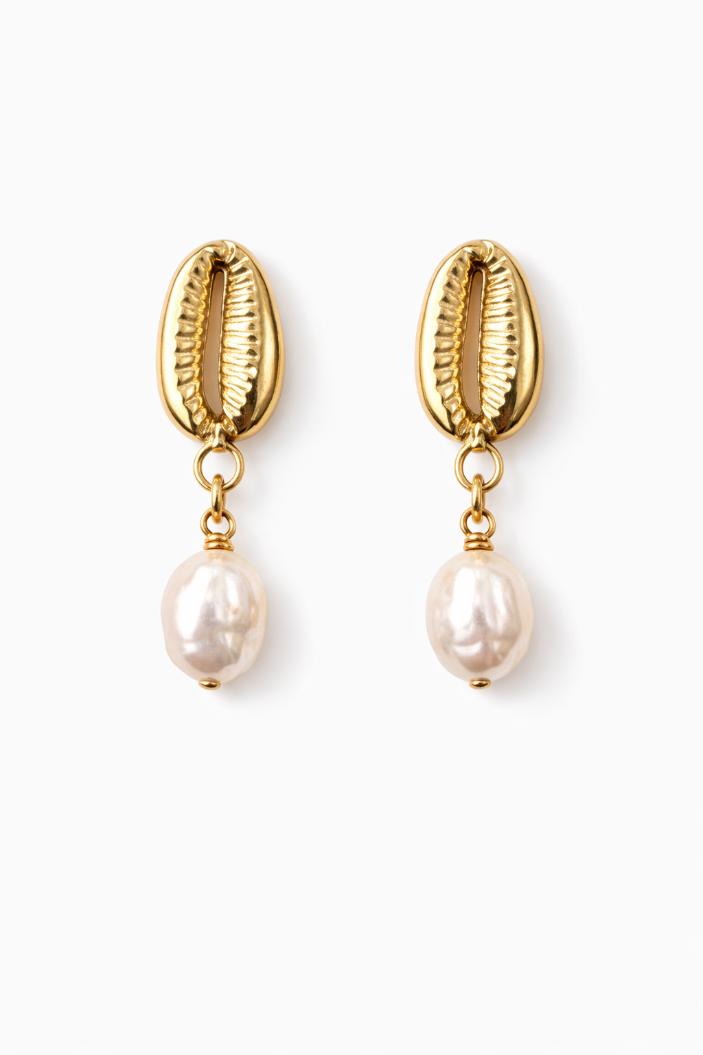 Gold Cowrie Pearl Drop Earrings