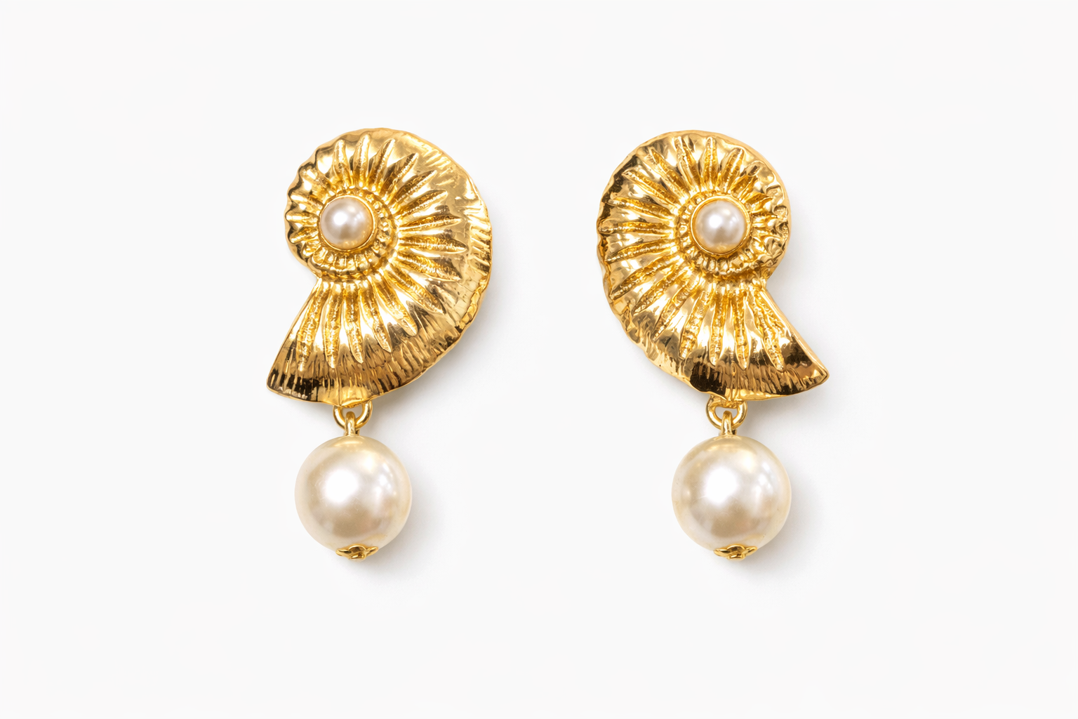 Gold Nautilus Pearl Drop Earrings