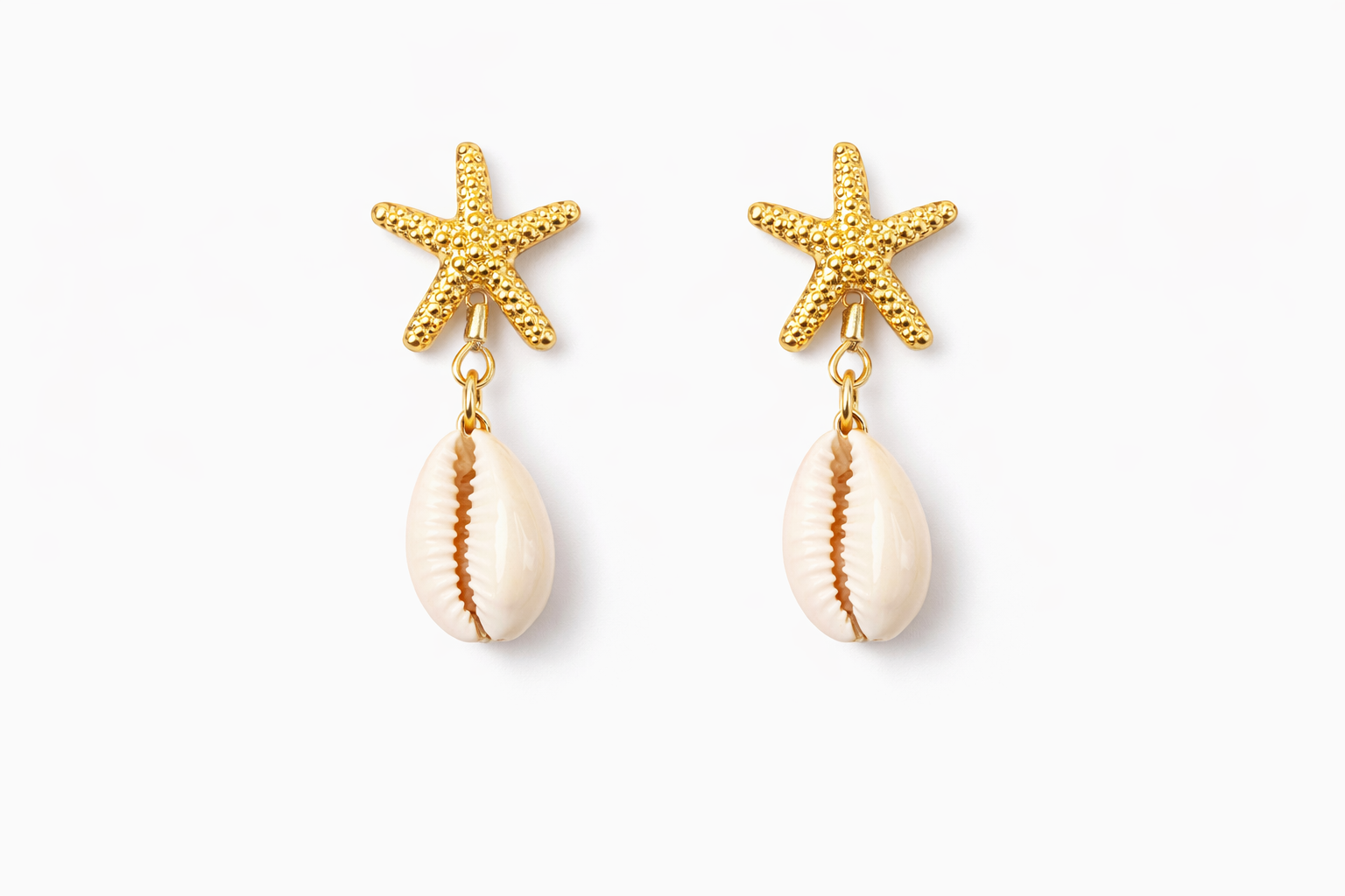 Gold Starfish Cowrie Shell Drop Earrings