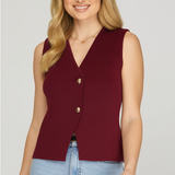 Sleeveless V-Neck Button Front Blazer Top