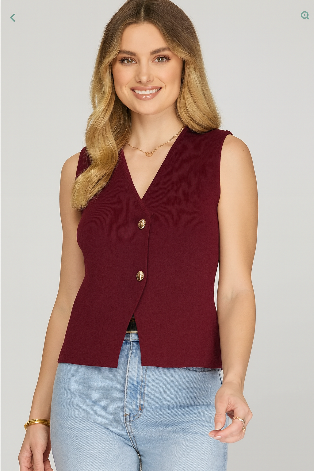 Sleeveless V-Neck Button Front Blazer Top