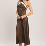 ESPRESSO CHIC WOVEN SATIN MIDI DRESS
