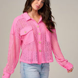 Long Sleeve Knit Button Up Blouse - Valentine's Day