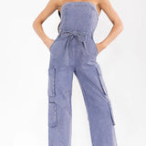Strapless Cargo Denim Jumpsuit