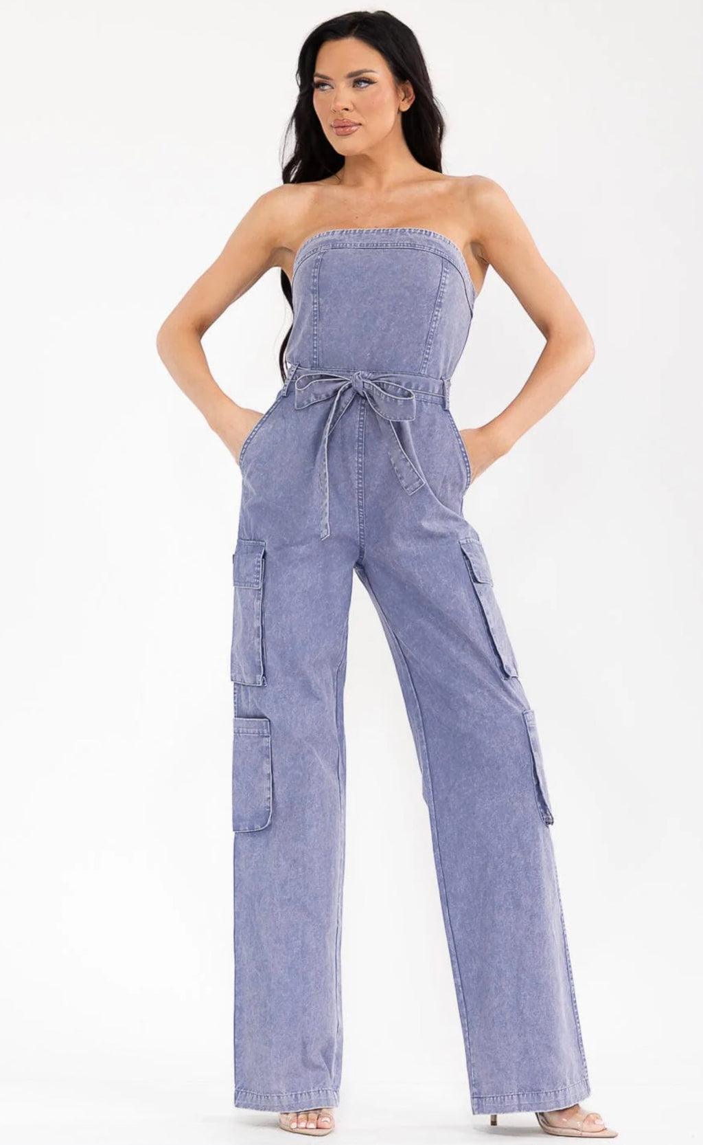 Strapless Cargo Denim Jumpsuit