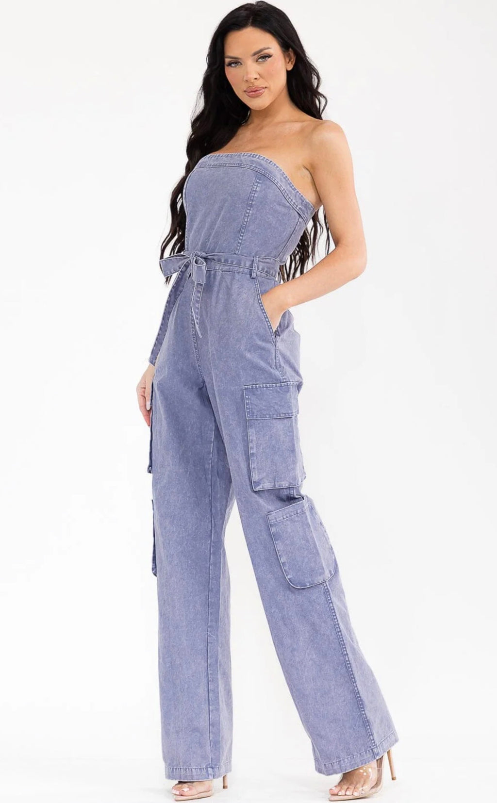 Strapless Cargo Denim Jumpsuit