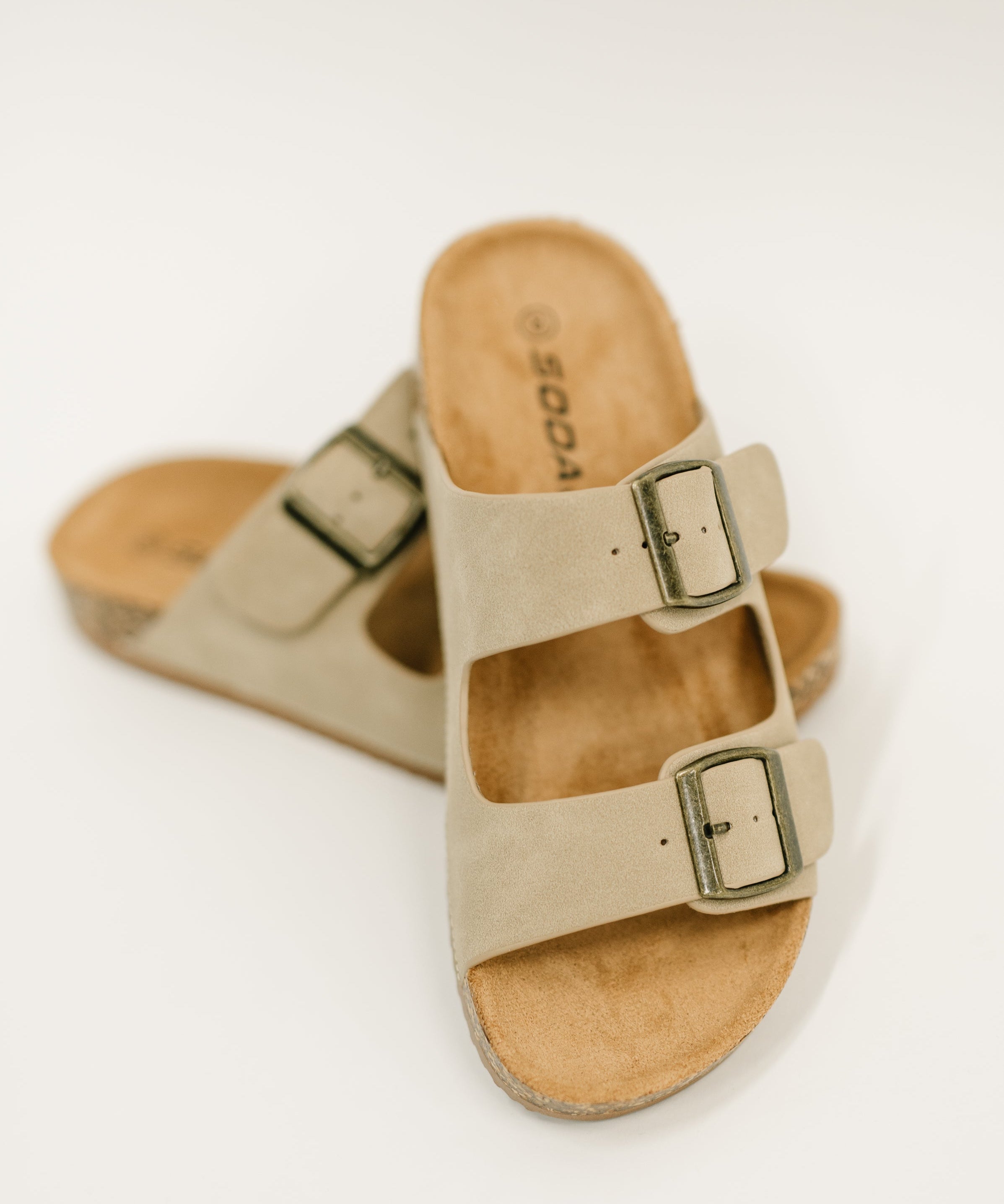Jete Nubuck Double Buckle Slides in Light Taupe