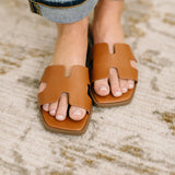 Knit Square Toe Slide on Sandal in Cognac