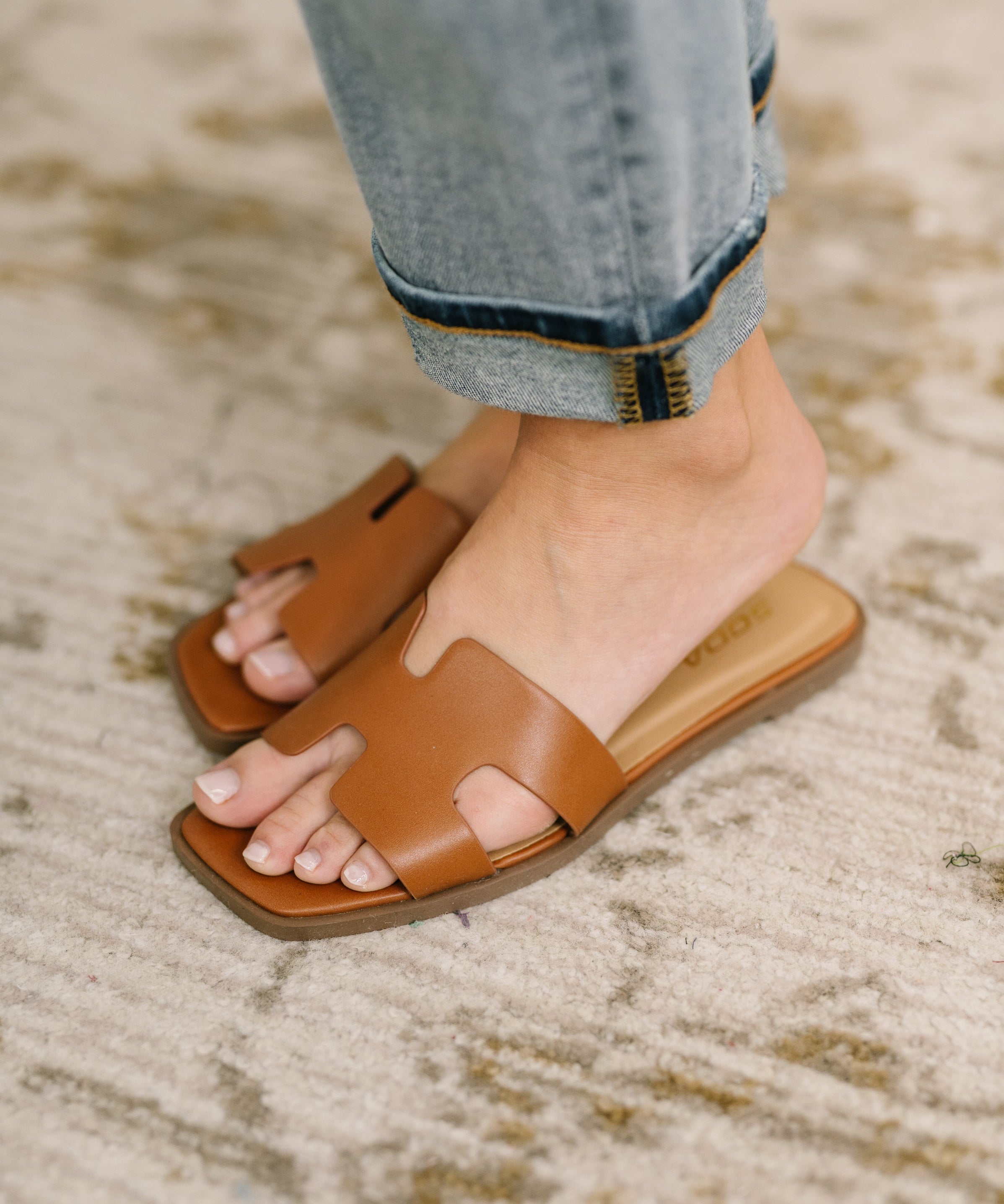 Knit Square Toe Slide on Sandal in Cognac