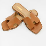 Knit Square Toe Slide on Sandal in Cognac