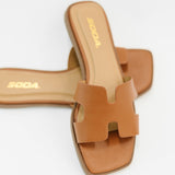 Knit Square Toe Slide on Sandal in Cognac
