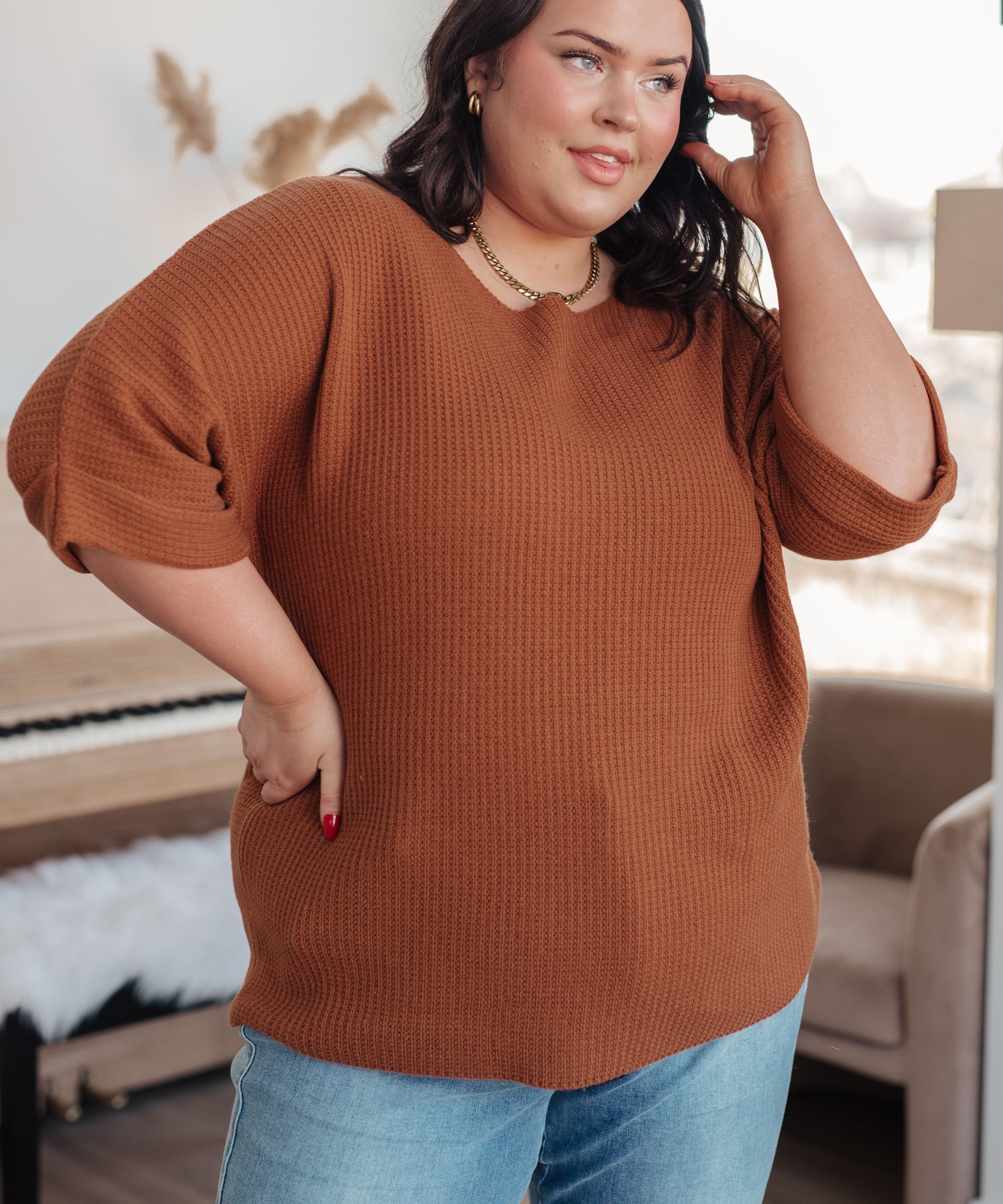 Lotta Love Knitted Sweater Top in Rust