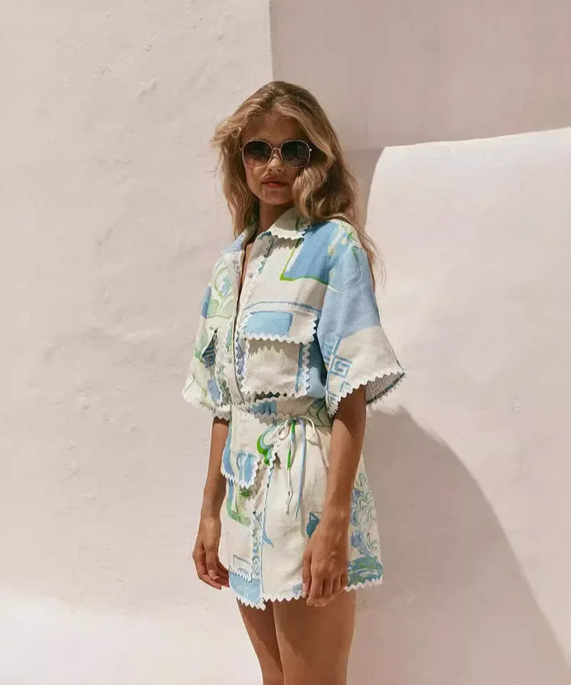 Santorini Tile Printed Two-Piece Skirt Set