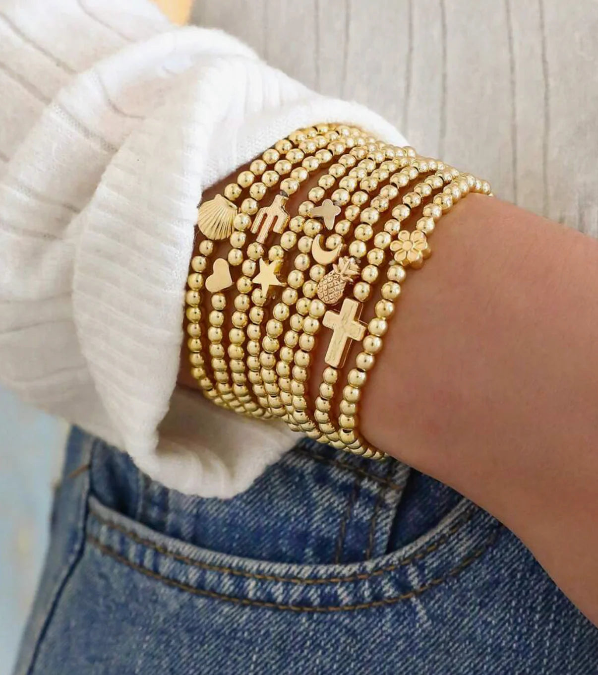 GOLD CHARM BEADED STACKER
