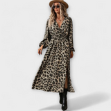 Leopard Print Maxi Dress – Long Sleeve V-Neck with Side Slit