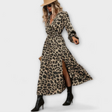 Leopard Print Maxi Dress – Long Sleeve V-Neck with Side Slit