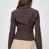 Brown Pinstripe Button-Up Blouse – Long Sleeve Fitted Shirt