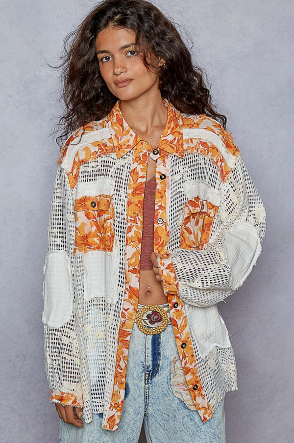 Autumn Patchwork Shacket – Orange & Cream Mix