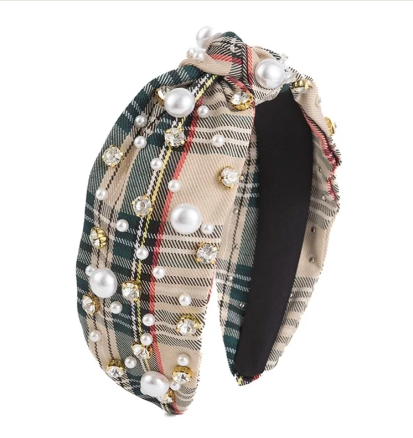 Pearl & Crystal Plaid Knotted Headband