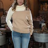 Two Tone Knit Sweater with Cold Shoulder