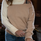 Two Tone Knit Sweater with Cold Shoulder
