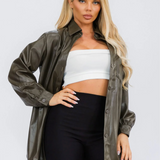 PU Leather Oversized Shirt Jacket - Olive
